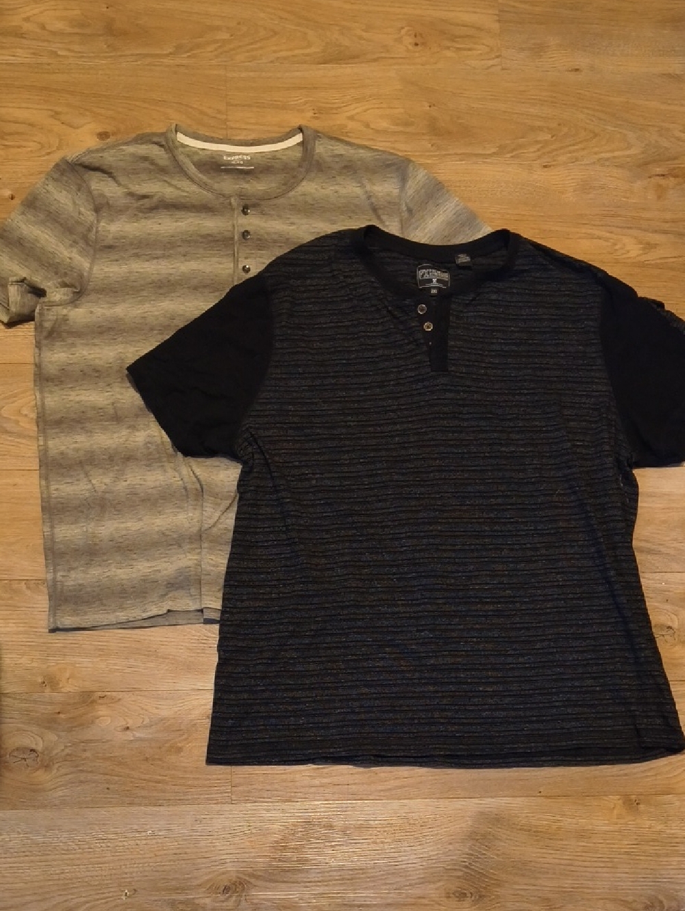 Striped Henley Tee in Black and Another In Charcoal